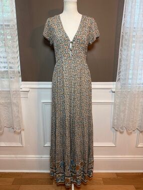 Natural Life Floral Maxi Dress S Boho Cottagecore Blue Orange